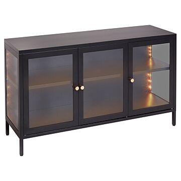 3 Door Led Sideboard Black Steel Tempered Glass Adjustable Shelves Leg Caps Living Room Furniture Modern Design Beliani
