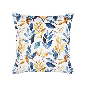 Decorative Cushion Yellow And Blue Velvet 45 X 45 Cm Leaf Pattern Boho Decor Accessories Beliani