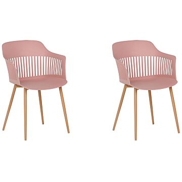 Set Of 2 Dining Chairs Pink Synthetic Material Metal Legs Open Work Backrest Modern Living Room Beliani