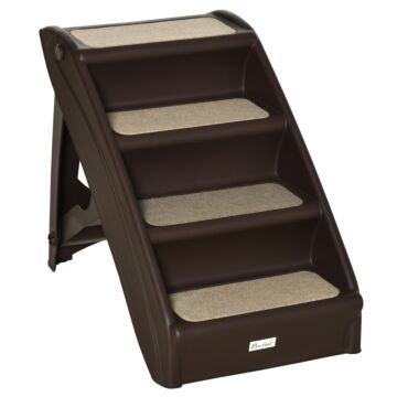 Pawhut Foldable Pet Stairs, 4-step For Cats Small Dogs With Non-slip Mats, 62 X 38 X 49.5 Cm, Dark Brown