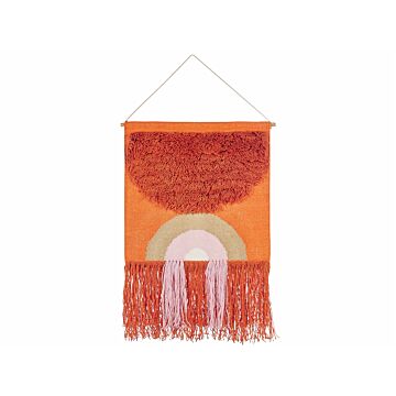 Wall Hanging Orange Cotton Wool 58 X 112 Cm Handwoven With Tassels Geometric Pattern Wall Décor Boho Style Living Room Bedroom Beliani