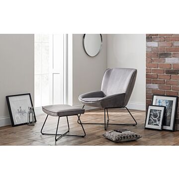 Mila Velvet Accent Chair With Stool - Grey