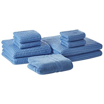 Set Of 9 Towels Blue Cotton Zero Twist Guest Hand Bath Towels And Bath Mat Beliani