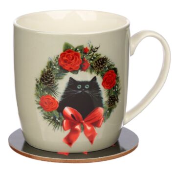 Christmas Porcelain Mug & Coaster Set - Kim Haskins Christmas Wreath Cat