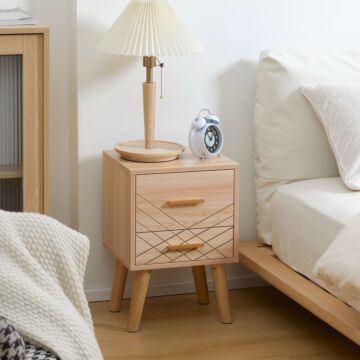 Homcom Bedside Cabinet, Scandinavian Bedside Table With Drawers, Bed Side Table With Wood Legs, Natural