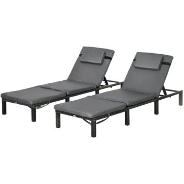 Outsunny Rattan Sun Loungers Set Of 2 With 5-level Adjustable Backrest, Wicker Lounge Chairs With Padded Cushion And Headrest For Outdoor, Poolside, Garden, Dark Grey
