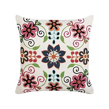 Scatter Cushion Multicolour Cotton Wool 50 X 50 Cm Flower Pattern Handmade Embroidered Removable Cover With Filling Boho Style Beliani