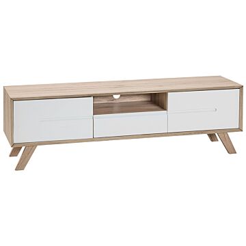 Tv Stand White And Light Wood Veneer For Up To 64ʺ Tv With 2 Cabinets And Drawer Beliani