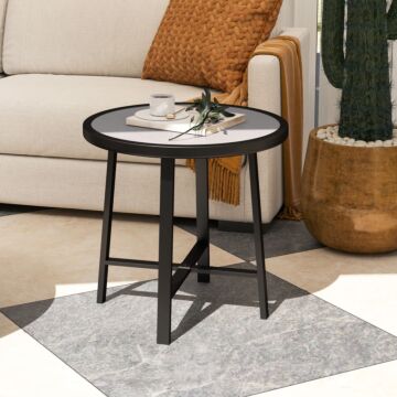 Outsunny Round Small Garden Table, 50.5cm Outdoor Side Table With Spc Tabletop, Metal Frame And Anti-slip Foot Pads For Garden, Balcony, Grey Wood Effect