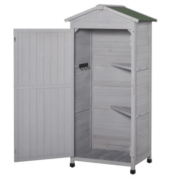 Outsunny Wooden Garden Cabinet 3-tier Storage Shed 2 Shelves Lockable Organizer With Hooks Foot Pad 74 X 55 X 155cm Light Grey