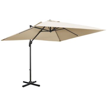 Outsunny 2.7 X 2.7 M Cantilever Parasol, Square Overhanging Umbrella With Cross Base, Crank Handle, Tilt, 360° Rotation, Aluminium Frame, Cream White