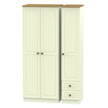 Warwick Tall Triple Plain + Drawer Wardrobe In Cream Ash & Modern Oak