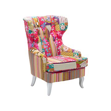 Wingback Chair Multicolour Fabric Patchwork Armchair Button Tufted Wooden Legs Beliani