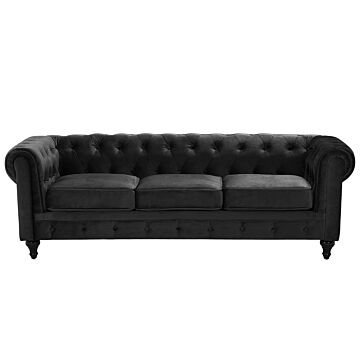 Chesterfield Sofa Black Velvet Fabric Upholstery Dark Wood Legs 3 Seater Contemporary Beliani