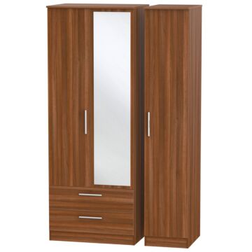 Contrast Tall Triple 2 Drawer Mirrored Wardrobe In Noche Walnut