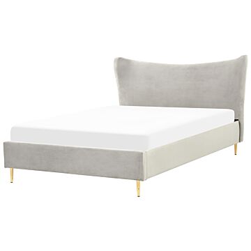 Eu King Size Bed Light Grey Velvet 5ft3 Upholstered Frame Metal Legs Slatted Base Headboard Modern Glam Style Bedroom Beliani