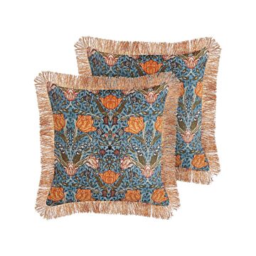 Set Of 2 Decorative Cushions Blue Orange Cotton 45 X 45 Cm Velvet Flower Motif Fringed Modern Glamour Decor Beliani