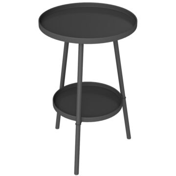 Outsunny Round Garden Table, 2-tier Small Side Table, Metal Patio Table Coffee Table Dining Table For Porch Deck Balcony, Black