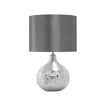 Table Lamp Silver Porcelain Grey Faux Silk Drum Shade 43h Cm Traditional Living Room Beliani