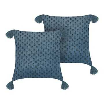 Set Of 2 Decorative Cushions Dark Blue Velvet And Cotton 45 X 45 Cm Floral Motif Block Printed Boho Decor Accessories Beliani