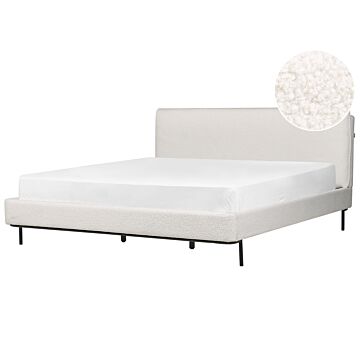 Slatted Bed Frame White Polyester Boucle Fabric Upholstered 6ft Eu Super King Size Modern Design Beliani