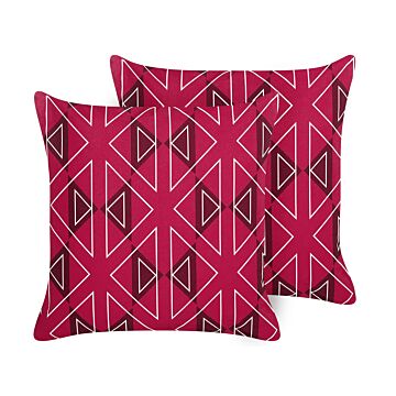 Set Of 2 Garden Cushions Pink Polyester Geometrical Pattern 45 X 45 Cm Square Modern Outdoor Patio Water Resistant Beliani