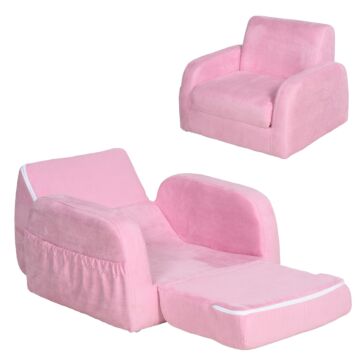 Homcom 2 In 1 Kids Armchair Sofa Bed Fold Out Padded Wood Frame Bedroom, Pink