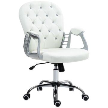 Vinsetto Office Chair Ergonomic 360° Swivel Pu Diamante Padded Base 5 Castor Wheels For Home Work White