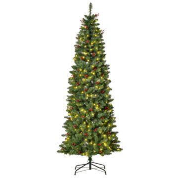 Homcom 7ft Prelit Artificial Pencil Christmas Tree With Warm White Led Light, Red Berry - Gree