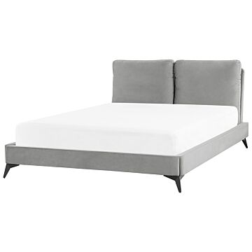 Eu Double Size Bed Grey Velvet Upholstery 4ft6 Slatted Base With Thick Padded Headboard With Cushions Beliani