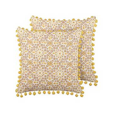 Set Of 2 Decorative Cushions Yellow Cotton 45 X 45 Cm Geometric Pattern Block Print With Pom Poms Boho Decor Accessories Beliani