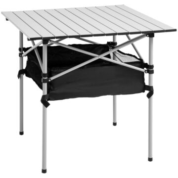 Outsunny Portable Camping Table W/ Mesh Bag Camping Outdoor Dining Foldable W/ Steel Frame Picnic Lightweight Hiking Furniture Desk, Silver Black