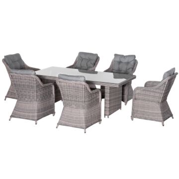Outsunny 7 Pcs Outdoor Pe Rattan Dining Table Set, Patio Wicker Aluminium Chair Furniture W/ Tempered Glass Table Top, Grey