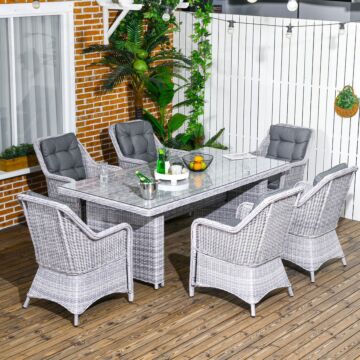 Outsunny 7 Pcs Outdoor Pe Rattan Dining Table Set, Patio Wicker Aluminium Chair Furniture W/ Tempered Glass Table Top, Grey