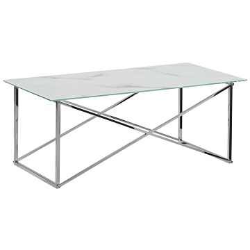 Rectangular Coffee Table Marble Effect White Top Silver Legs Tempered Glass Top Stainless Steel Base 100 X 50 Cm Glam Minimalist Beliani
