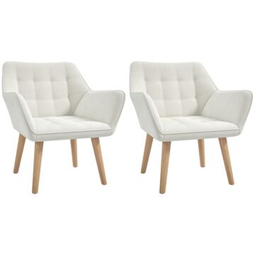 Set Of 2 Accent Chair, Arm Chair With Slanted Back, Thick Padding And Rubber Wooden Legs For Living Room, Cream White