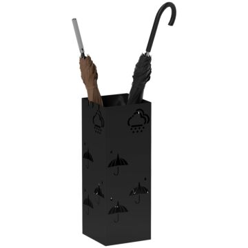 Homcom Metal Umbrella Stand, Square Umbrella Holder With Removable Drip Tray And 4 Hooks, Decorative Umbrella Storage Rack For Hallway, Entryway, 15.5 X 15.5 X 41 Cm, Black