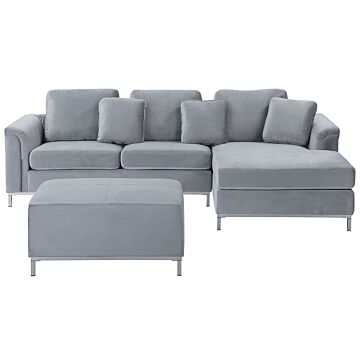Corner Sofa Light Grey Velvet Upholstered With Ottoman L-shaped Left Hand Orientation Beliani