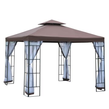 Outsunny 3 X 3(m) Patio Gazebo Canopy Garden Pavilion Tent Shelter With 2 Tier Roof And Mosquito Netting, Steel Frame, Coffee