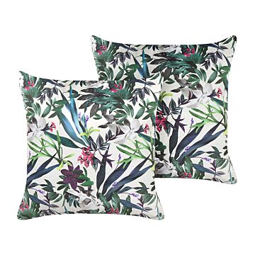 Set Of 2 Decorative Cushions Green Velvet 45 X 45 Cm Leaf Pattern Boho Decor Accessories Beliani