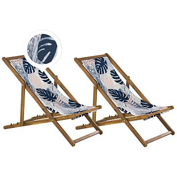 Set Of 2 Garden Deck Chairs Light Acacia Wood Frame Palm Leaves Pattern Replacement Fabric Hammock Seat Reclining Folding Sun Lounger Beliani