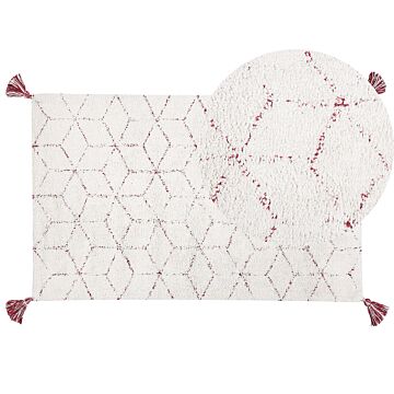 Area Rug White Cotton 80 X 150 Cm Rectangular With Tassels Tufted Geometric Oriental Pattern Beliani