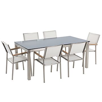 Garden Dining Set White With Black Glass Table Top 6 Seats 180 X 90 Cm Beliani