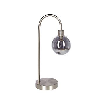 Table Lamp Silver Steel And Glass Shade Round Night Lamp Desk Light Modern Glam Design Beliani