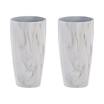 Set Of 2 Outdoor Indoor Plant Pots Marble Effect White Stone Mixture Round 23 Cm Modern Design Beliani