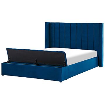 Eu King Size Panel Bed Blue Velvet 5ft5 Slatted Base High Headrest With Storage Bench Beliani