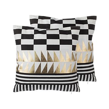 Set Of 2 Decorative Cushions Black And White Cotton Geometric Pattern 45 X 45 Cm Glamour Beliani