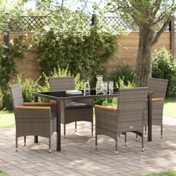 Vidaxl 5 Piece Garden Dining Set With Cushions Grey Poly Rattan, Vidaxl Garden Table Black 140x80x73 Cm Tempered Glass