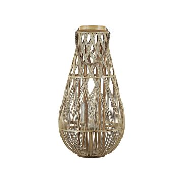 Lantern Light Bamboo Wood And Glass 77 Cm Indoor Outdoor Woven Candle Holder Scandinavian Boho Beliani