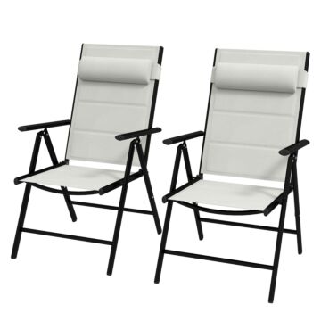 Outsunny Set Of 2 Patio Folding Chairs W/ Adjustable Back, Garden Dining Chairs W/ Breathable Mesh Fabric Padded Seat, Backrest, Headrest, Light Grey